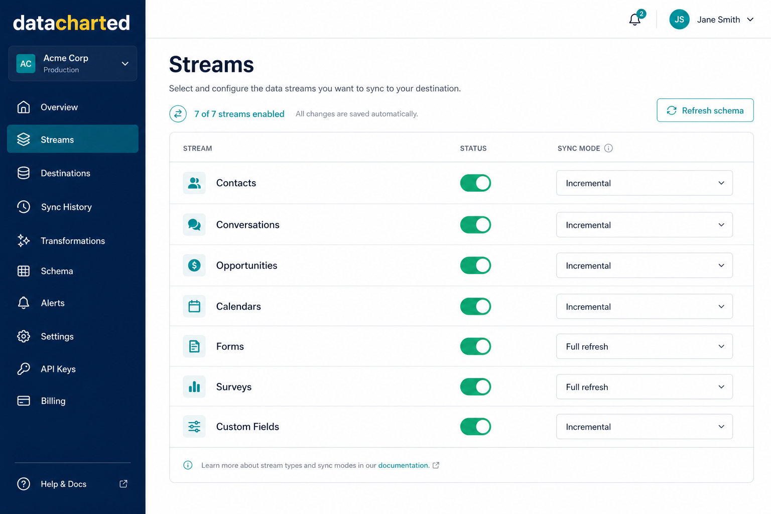 Streams configuration